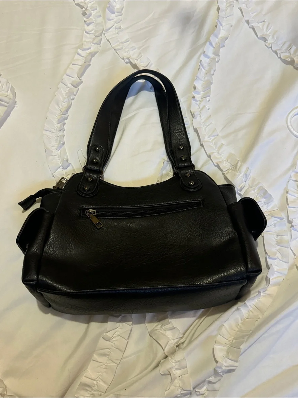 Structured Black Vegan Leather Shoulder Bag with Braided Trim